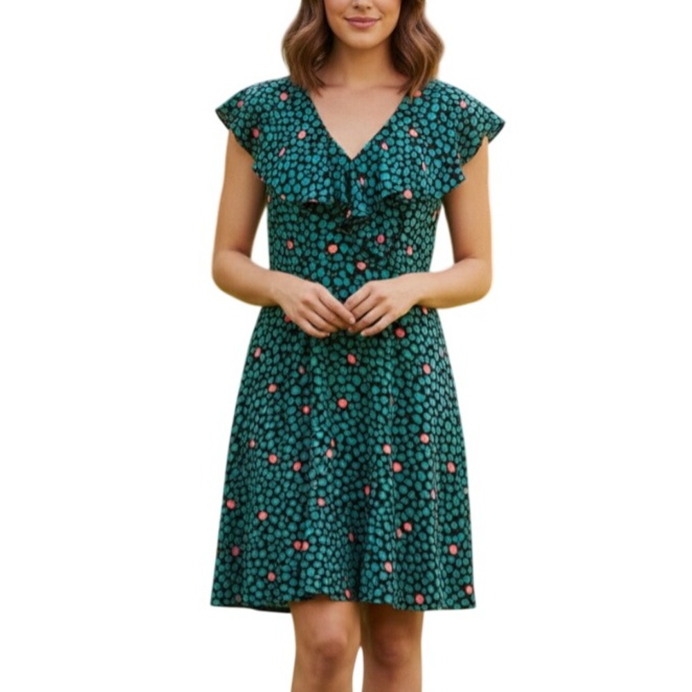 HD In PARIS Anthropologie Lined GEORGETTE Black/Green Ruffle ACRON Wrap Dress 4